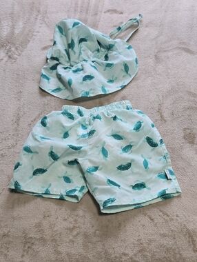 Kids Light Mint Turtle Print Swim Set - Hat & Shorts